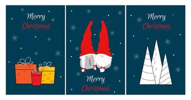 Set of Christmas cards with cute Scandinavian gnomes. Flat cartoon style gnome characters. Vector illustration