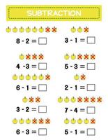 Subtraction.  Math worksheet for kids. Developing numeracy skills. Solve examples and write. Mathematics. Vector illustration.Educational math children game. Subtraction for kids..