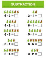 Subtraction.  Math worksheet for kids. Developing numeracy skills. Solve examples and write. Mathematics. Vector illustration.Educational math children game. Subtraction for kids..