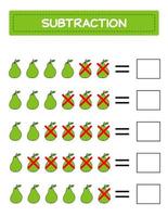 sustracción. hoja de trabajo de matemáticas para niños. desarrollo de habilidades numéricas. Resuelve ejemplos y escribe. matemáticas. ilustración vectorial. juego educativo de matemáticas para niños. resta para niños.. vector