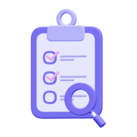 ícone de lista de verificação de documento com lupa. isolado em azul. renderização 3D. png