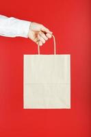 Paper bag at arm's length isolated on a red background. Layout of the packaging template with space for copying, advertising. photo