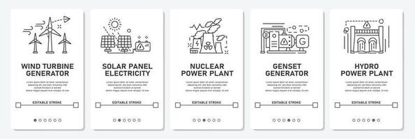 planta de energía generadora de desarrollo de interfaz de usuario con turbina eólica, celda solar, nuclear, grupo electrógeno, logotipo de energía hidroeléctrica trazo editable de vector simple