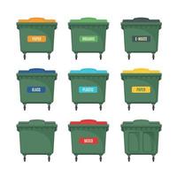 Set of trash container icons in flat style isolated on white background. Recycle bins for different tipes of garbage. Reuse, reduce, recycle concept. Vector illustration