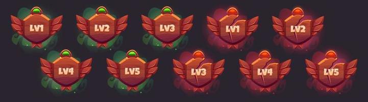 Game level ui icons, wooden shields or banners vector