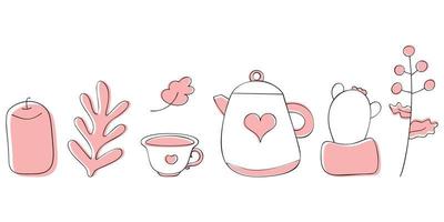 Cute doodle set. Teapot and cup, cactus, leaf, berry, candle. Black outlines isolated on a white background with pink color. Cozy vibes. vector