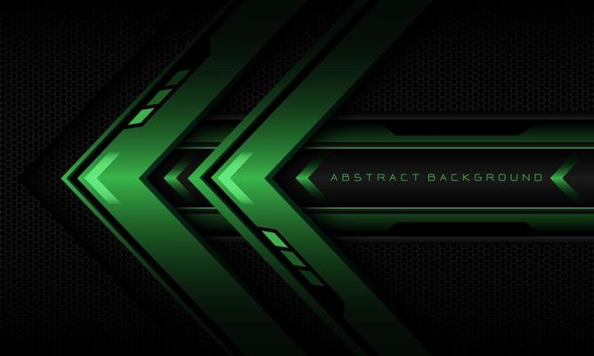 Abstract green arrow black cyber geometric line banner on black hexagon mesh pattern design ultramodern luxury futuristic technology background vector