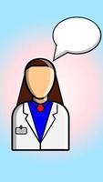 A female professional doctor in a white coat on a gradient pink-blue background and a word cloud speaks and makes a medical diagnosis. Vector illustration