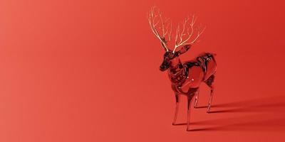 Crystal reindeer statue sculpture on red background for Christmas and New year party with copy space. Holiday and seasonal concept. 3D illustration rendering photo