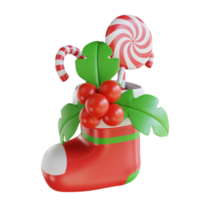 3d illustration holly and candy Christmas ornament socks png