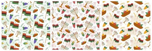 Set of Happy Kwanzaa Holiday African Seamless Pattern Design with Festival Style Element on Template Hand Drawn Cartoon Flat Illustration vector