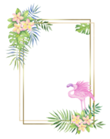 cadre doré avec des fleurs et des feuilles tropicales. illustration aquarelle pour invitations, carte de vacances png