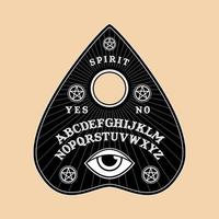 tablero de ouija en forma de puntero para la fiesta de halloween. juego de planchette para llamar almas y demonios. Juego de llamadas de fantasmas y demonios con tipografía gótica. símbolos de luna, sol, textos. vector