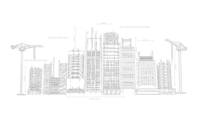 Skyscrapers in building process on the blueprints. Drawing city.Vector illustration
