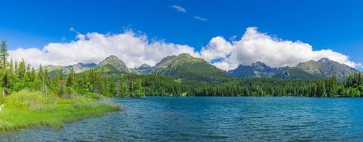 Scenic panorama over lake in park High Tatras. Strbske Pleso, Slovakia. Wonderful summer landscape. Picturesque view of nature. Amazing natural wide background, green forest, blue sunny sky clouds photo
