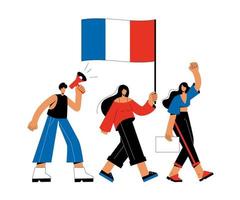 el francés son que lleva el bandera de Francia y protestando personas son gritos dentro un megáfono y exigente derechos. detener el arbitrariedad de el gobierno vector