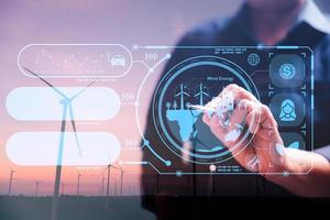 Businesswoman working virtual modern computer to reduce CO2 emissions carbon footprint climate change to limit global warming. Sustainable development and innovation green business concept. photo