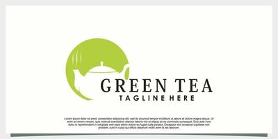 green tea logo design with leaf and teapot creative concept vector