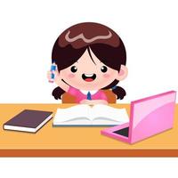 Cute Smart Girl Hand Up Holding Pencil Having Great Idea In Class vector