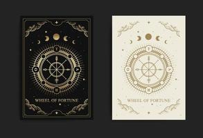 rueda de fortuna tarot tarjeta con grabado, dibujado a mano, lujo, esotérico, boho estilo, ajuste para paranormal, tarot lector, astrólogo o tatuaje vector
