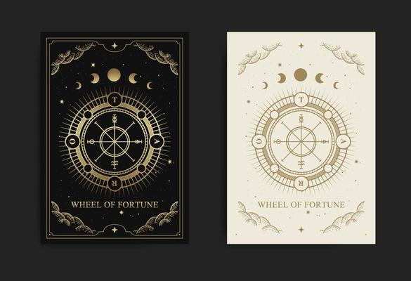 Wheel of fortune tarot card with engraving, handrawn, luxury, esoteric, boho style, fit for paranormal, tarot reader, astrologer or tattoo