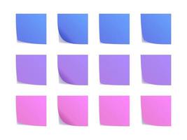 Blue, purple and pink folded stickers mockup set with shadow. Different positions and rotation. Well organized and easy edit. vector