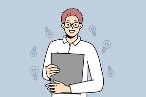 Smiling young man with folder in hands generate creative business ideas. Happy motivated guy in glasses holding paperwork document. Business and creativity. Vector illustration.