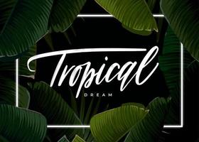 Dark tropical summer design with banana palm leaves, glowing frame and space for text. Vector flyer, banner or card template. Summer vector background.