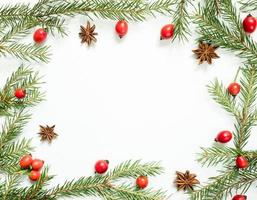 Christmas decorations on a white background, berries rose hips, stars, fir branches. copy space photo