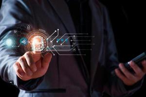 Cyber security concept. Businessman login access business sensitive information, data security, secure company internet network, hack protection, fingerprint scanner, cyber space, business security photo