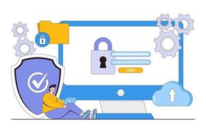 Flat data protection concept with people characters. Outline design style minimal vector illustration for landing page, web banner, infographics, hero images