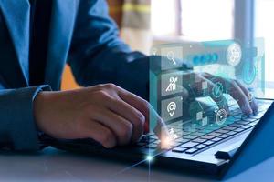 Business database analysis concept. Businessman analyzing economic data. related to business operations, analysis of future economic trends, virtual screens, business networking, internet technology. photo