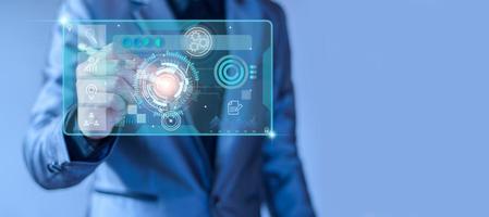 Business database analysis concept. Businessman analyzing economic data. related to business operations, analysis of future economic trends, virtual screens, business networking, internet technology. photo