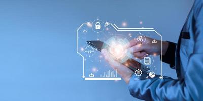 Businessman accessing the Cloud Computing Technology Internet Storage Network Concept And a large database big data Through internet technology. Digital business data, Future Data Network Management. photo