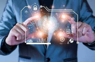 Businessman accessing the Cloud Computing Technology Internet Storage Network Concept And a large database big data Through internet technology. Digital business data, Future Data Network Management. photo