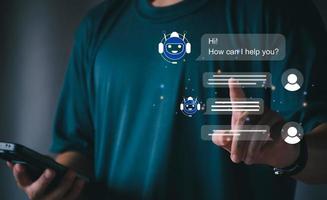 AI Chatbot intelligent digital customer service application concept, computer mobile application uses artificial intelligence chatbots automatically respond online messages to help customers instantly photo