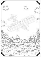 Airplane And City Coloring Page For Adult vector