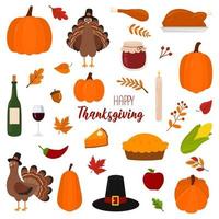 Set of illustrations for thanksgiving with turkeys and holiday symbols on a white background vector