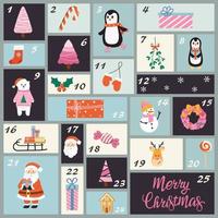 Christmas Advent calendar with cute elements. Christmas funny poster. Countdown calendar. Vector illustration