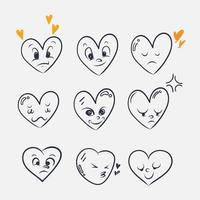 hand drawn doodle heart love with character emoticon face illustration vector