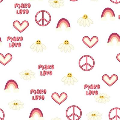 Love heart, peace symbol, rainbow retro 70s seamless pattern. Scattered heart shapes on a swirling background.