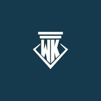 WK initial monogram logo for law firm, lawyer or advocate with pillar icon design vector