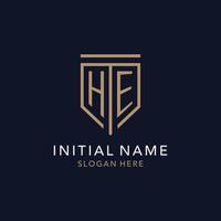 HE initial logo monogram with simple luxury shield icon design vector