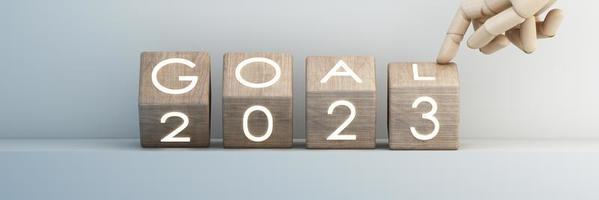 Countdown start new year 2023 with the vision and perspective of planning to achieve goals. concept for the future business and management. in cartoon illustration on pastel background. 3d rendering photo
