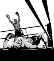 Boxer celebrando knockear con boxeador profesional en el lona retro xilografía estilo vector