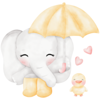 Cute elephant and raining day illustration png