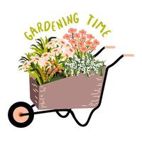 Gardening time. Greeting card.  Wheelbarrow with blooming flowers and herbs. Spring item. Vector illustration