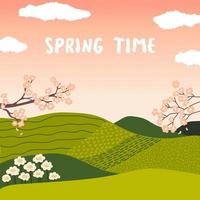 Spring Time. Green hills and meadows, sakura, flowering tree branches and lines, curves. Pink sky and fluffy clouds. Beatiful landscape. Vector border, frame.