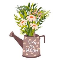 riego lata con floreciente flores y hierbas. texto hora a floración. saludo tarjeta. primavera artículo. vector ilustración