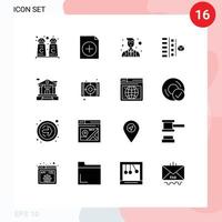 Pack of 16 Modern Solid Glyphs Signs and Symbols for Web Print Media such as building bank officer product plan Editable Vector Design Elements